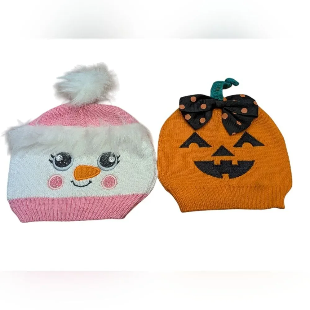 Holiday Baby Beanies Hats Set of 2 0-6M Snowman Pumpkin Halloween NWT Holiday